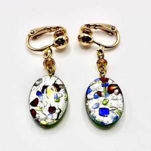 Vintage Murano Art Glass 1.75” Colorful Confetti Dots Drop Lever Back Earrings